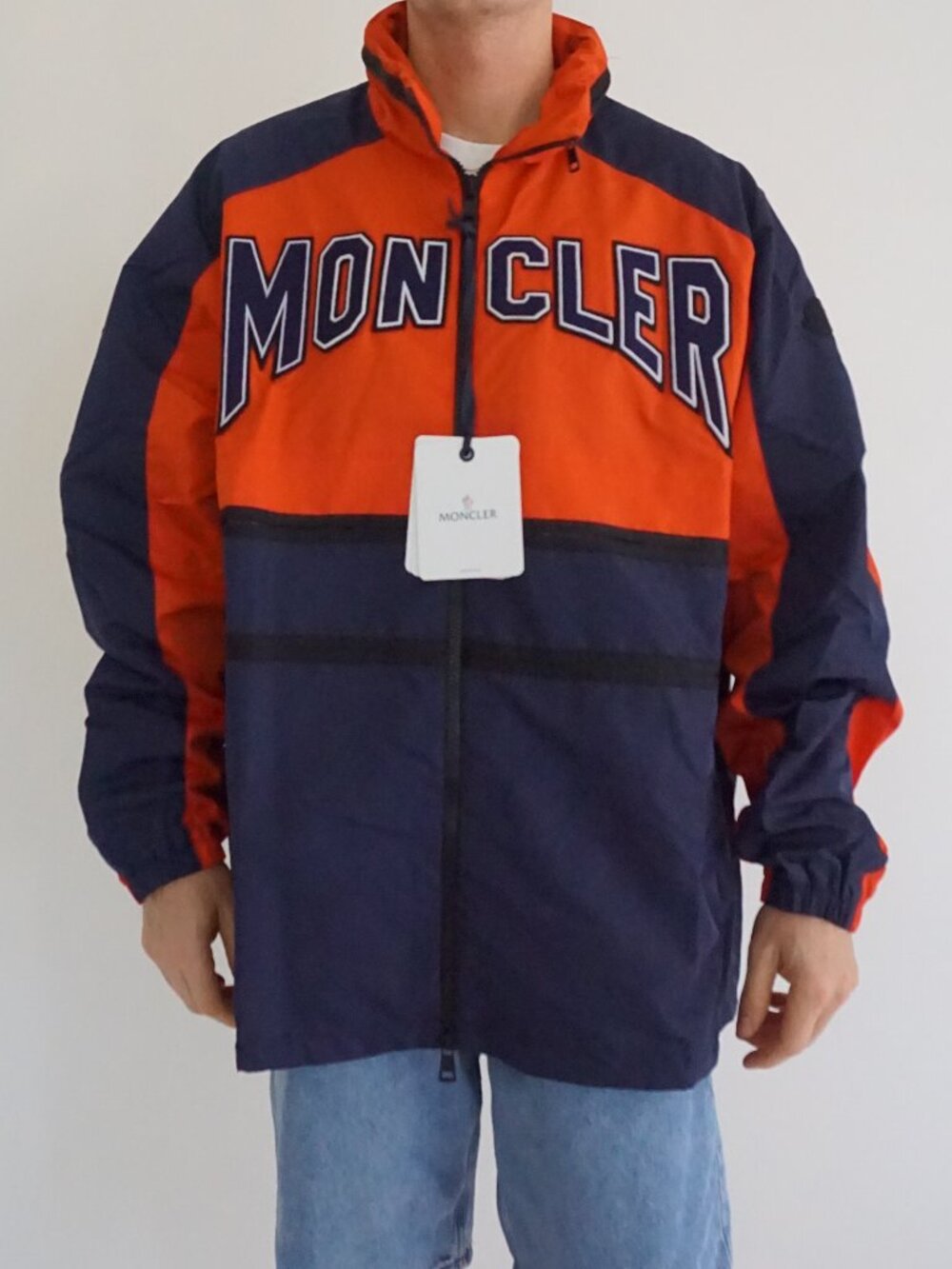 Moncler Orange Colourblock Spellout Logo Zip Lightweight Hooded Jacket Size 5